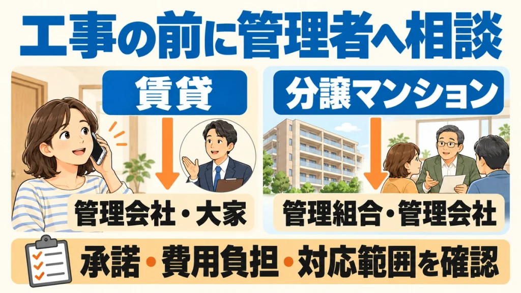 賃貸は管理会社や大家、分譲マンションは管理組合や管理会社に相談する図