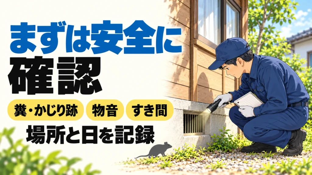 空き家の通風口を目視で調べる作業員。糞・かじり跡、物音、すき間を確認し、見つけた場所と日を記録する。