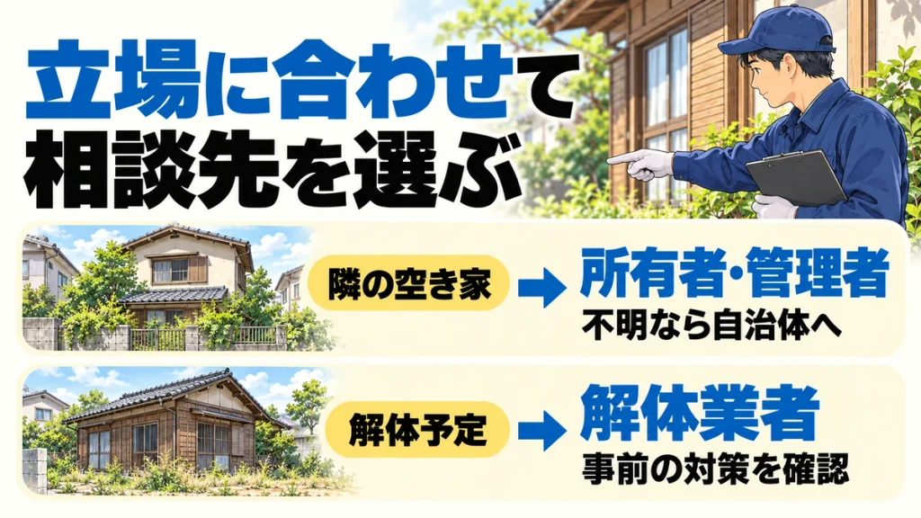 隣の空き家については所有者・管理者へ相談し、不明なら自治体へ。解体予定の空き家については解体業者に事前の対策を確認する相談先の図解。