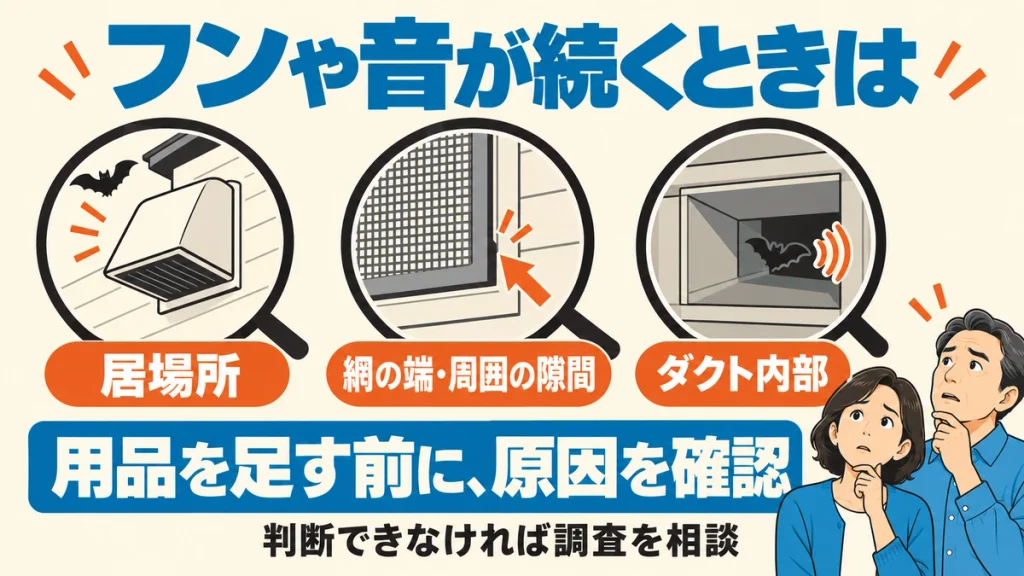 フンや音が続く場合は、居場所、網の端や周囲の隙間、ダクト内部を見直し、判断できなければ相談することを示す図解