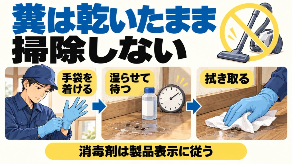 ネズミの糞を乾いたまま掃除機で吸わず、手袋を着け、消毒剤で湿らせて製品指定の時間を待ち、ペーパーで拭き取る注意点の図解。