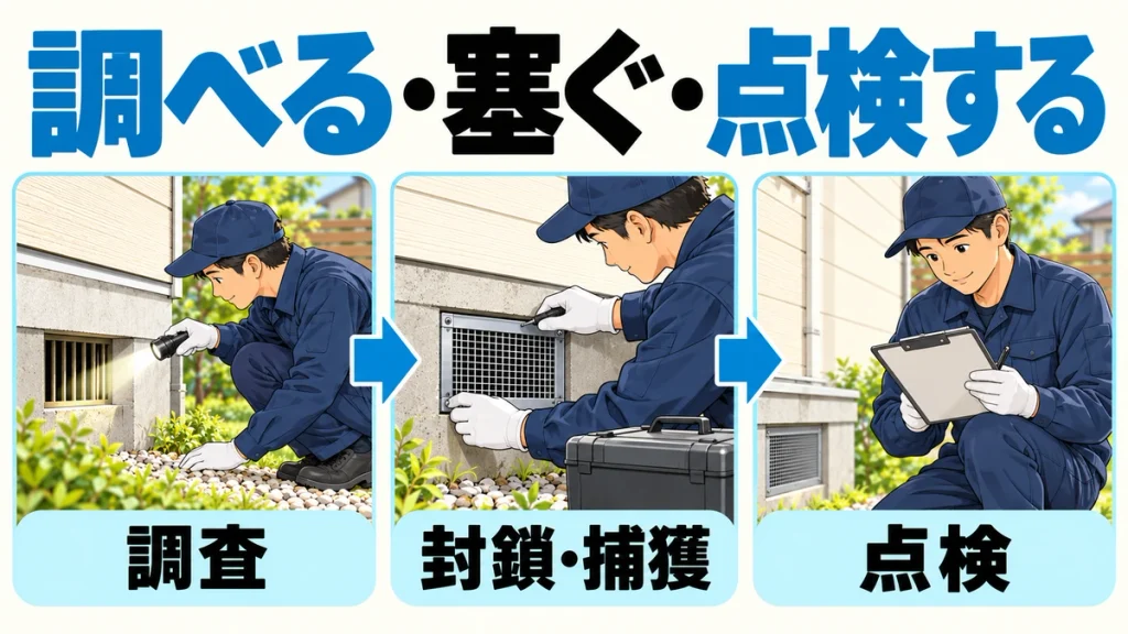 「調べる・塞ぐ・点検する」の見出しの下に、調査、封鎖・捕獲、点検を左から順に示した業者の作業工程の図解