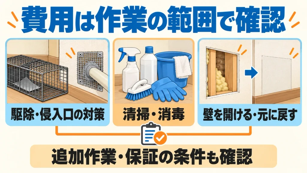 駆除や侵入口の対策、清掃や消毒、壁を開けて元に戻す作業の費用を確認する図