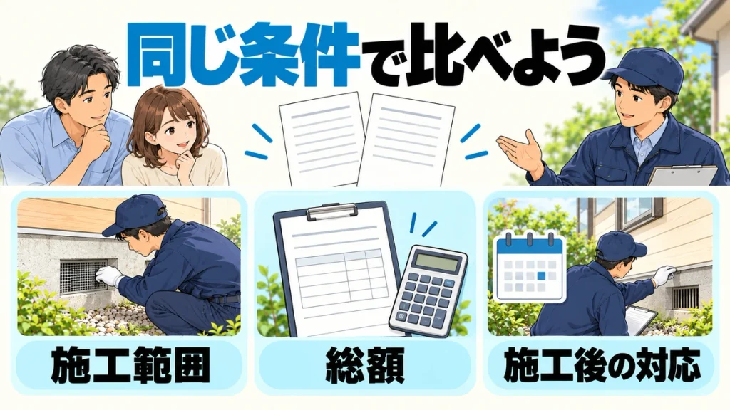 「同じ条件で比べよう」の見出しの下に、施工範囲・総額・施工後の対応を家、見積書、点検のイラストで示す比較の図解