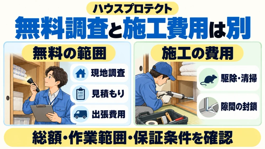 ハウスプロテクトでは現地調査・見積もり・出張費用が無料で、駆除・清掃・隙間の封鎖の施工費用とは区別されることを示した図。総額・作業範囲・保証条件を確認する。