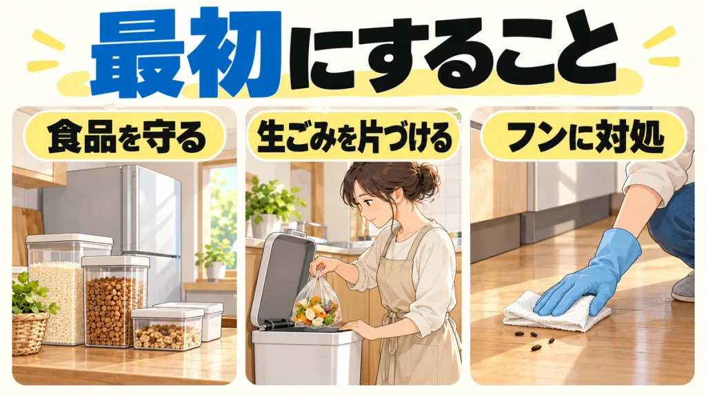 キッチンで食品をふた付き容器に入れ、生ごみを片づけ、手袋を着けてフンに対処する様子