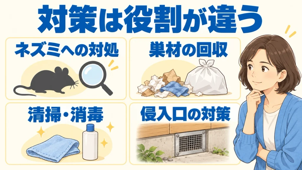 ネズミへの対処、巣材の回収、清掃・消毒、侵入口の対策という役割の違う4つの対応を並べた図解
