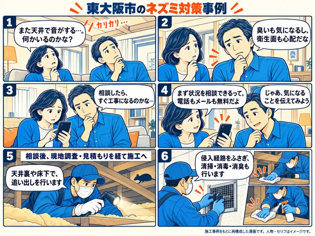 物音や臭い、衛生面を心配する夫婦が、まず無料相談で状況を伝えようと考える6コマ漫画。後半では調査・見積もりを経た追い出し、侵入経路封鎖、清掃・消毒・消臭を描く。人物・セリフは施工例をもとにしたイメージ。