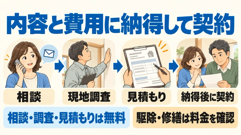 相談、現地調査、見積もりの後に内容と費用を確認し、納得して契約する流れの図