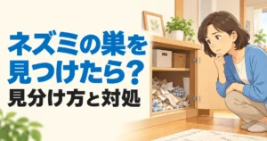 「ネズミの巣を見つけたら？見分け方と対処」の文字と、収納内の紙や布の集まりを触れずに確認する女性