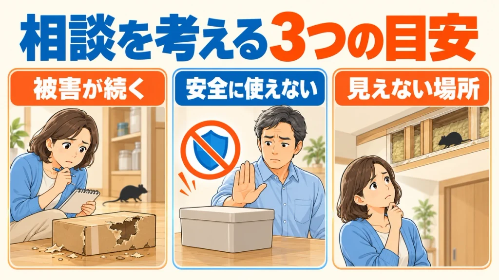 被害が続く、安全に毒餌を使えない、見えない場所の確認が難しいという3つの相談目安