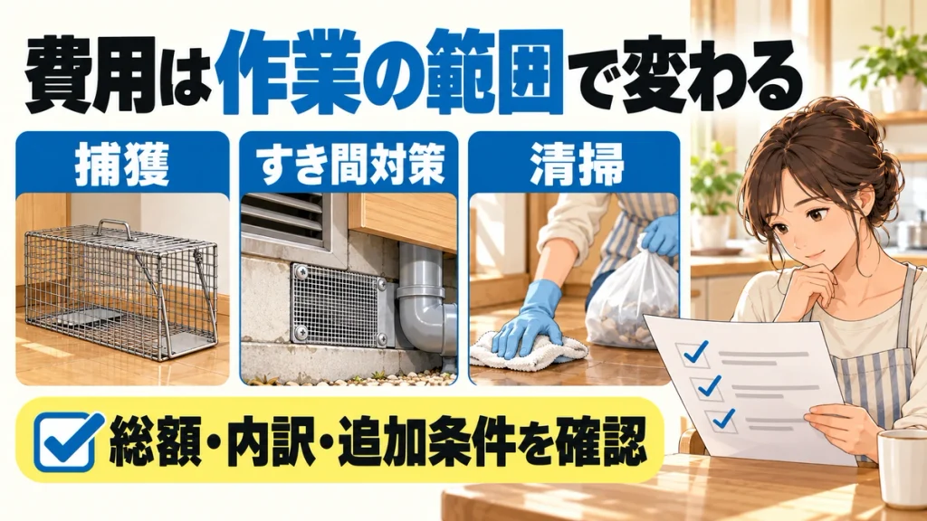 ネズミの捕獲、隙間への対策、清掃の作業を分け、見積もりの総額・内訳・追加条件を確認する図