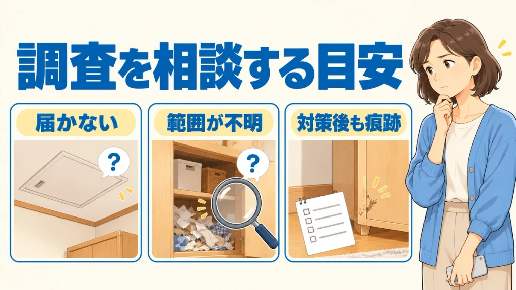 手が届かない、範囲が不明、対策後も痕跡が出る場合に調査や作業の相談を考える目安を示す図解