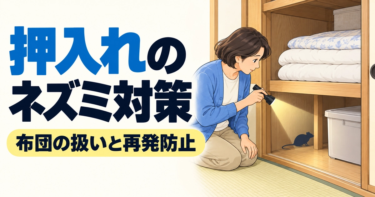 布団を収納した押入れを懐中電灯で確認する女性とネズミのシルエット。押入れのネズミ対策、布団の扱いと再発防止を案内する画像。