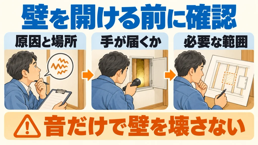 原因と場所、作業で手が届くか、壁を開ける必要がある範囲を確認する図