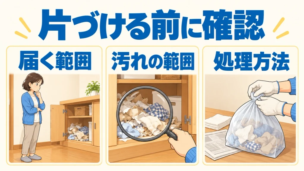 片づける前に、届く範囲・汚れの範囲・処理方法を確認する3つの観点を示す図解