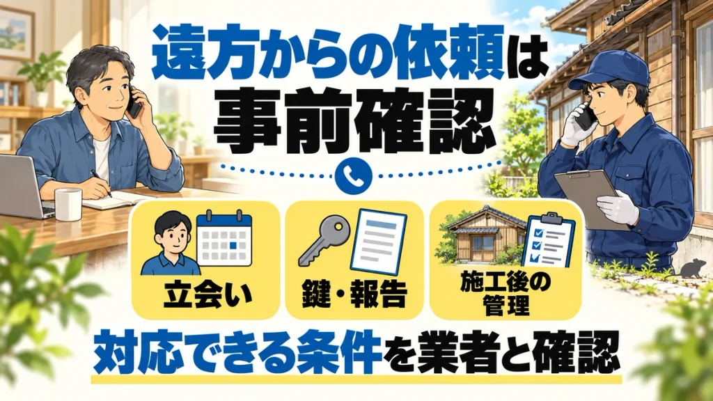 遠方からネズミ駆除を依頼する前に、立会い、鍵の受け渡しと報告、施工後の管理の条件を業者と確認する図解。