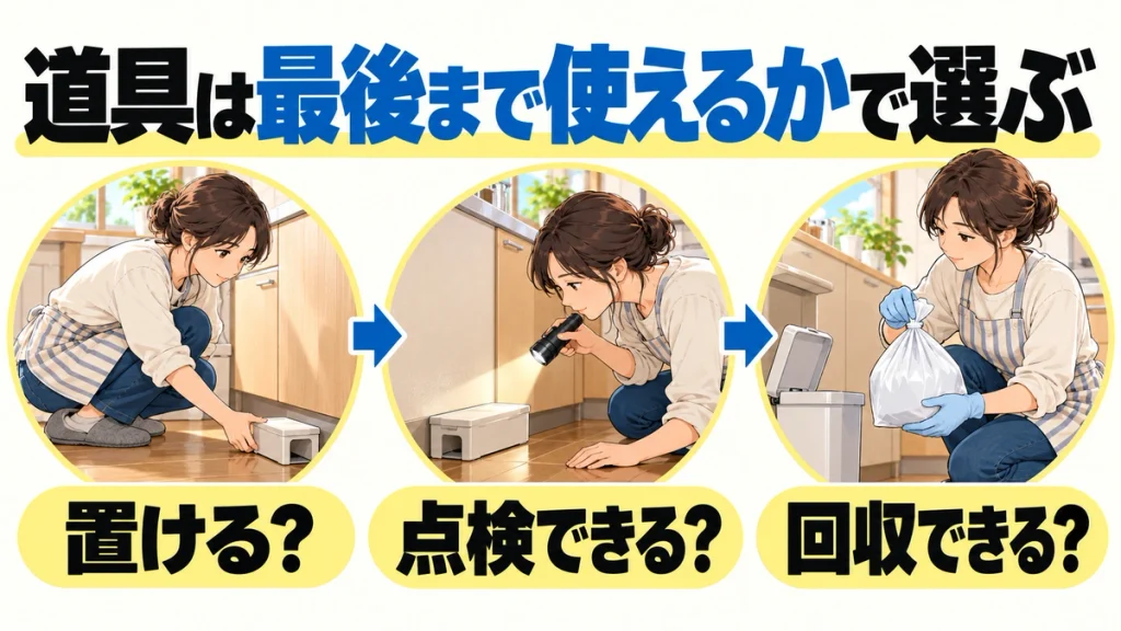 駆除用品を選ぶ前に、設置できるか、点検できるか、回収できるかを確認する3つの図