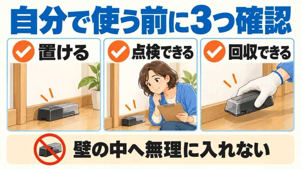 駆除用品を安全に置けるか、点検できるか、回収できるかを確認する図