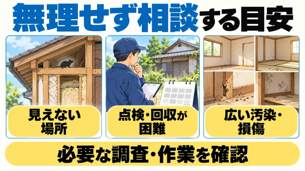 見えない場所の被害、点検・回収が難しい状態、広い範囲の汚染や損傷を、ネズミ駆除業者へ相談する目安として示す図解。