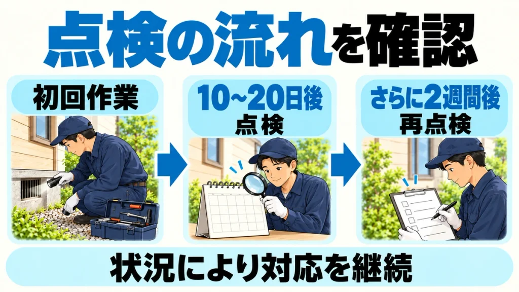 初回作業から10〜20日後に点検し、さらに2週間後に再点検する流れと、状況により対応を継続することを示す点検日程の図解
