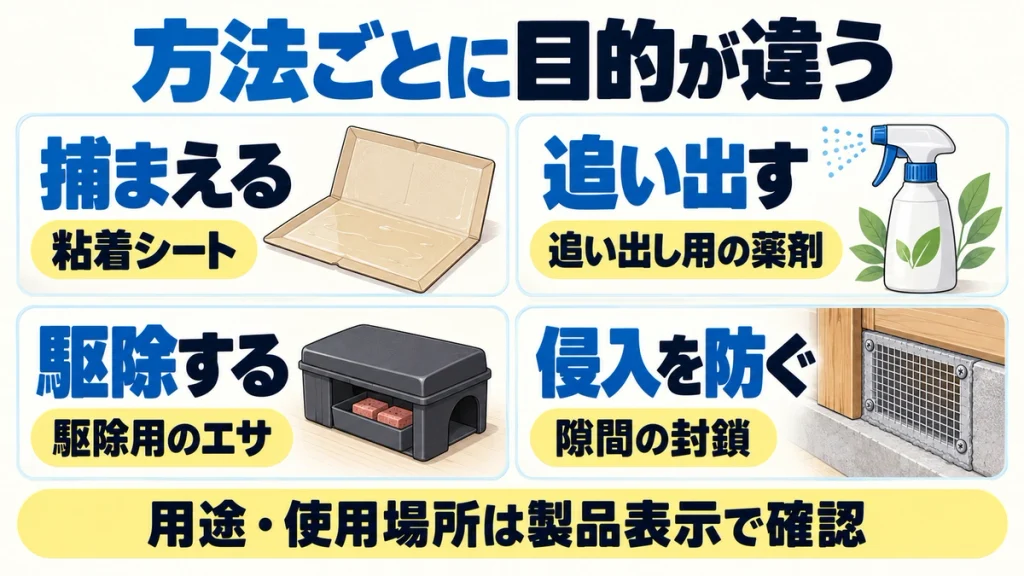 捕まえる、追い出す、駆除する、侵入を防ぐという4つの目的と、対応する粘着シート、薬剤、駆除用のエサ、隙間の封鎖を比較した図。