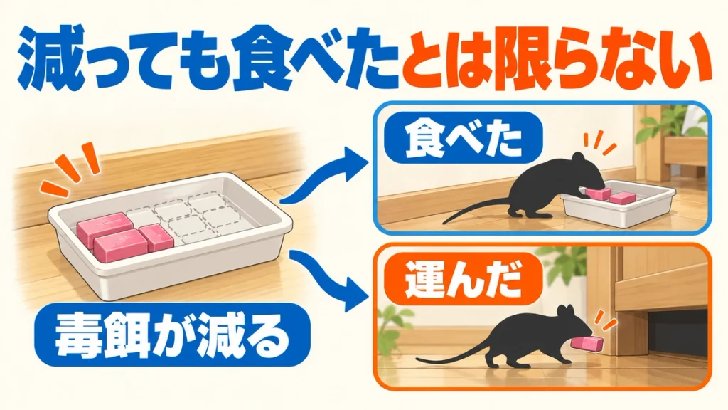 毒餌が減る理由として、ネズミが食べる場合と別の場所へ運ぶ場合を分けた図解