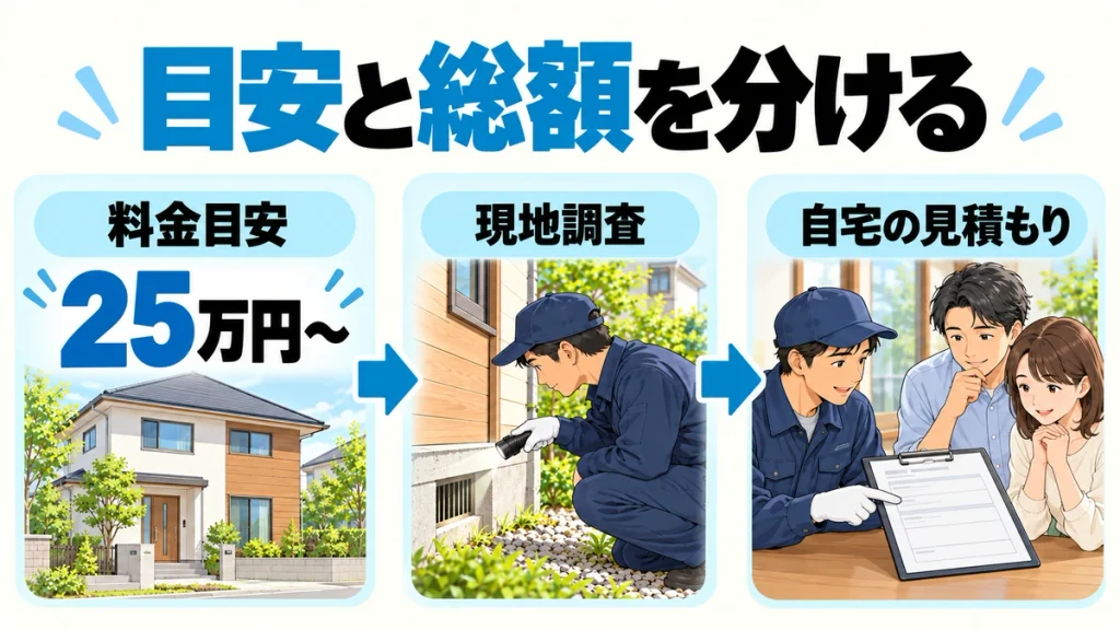 「目安と総額を分ける」の見出しの下で、料金目安25万円〜と、現地調査後に確認する自宅の見積もりを分けた図解