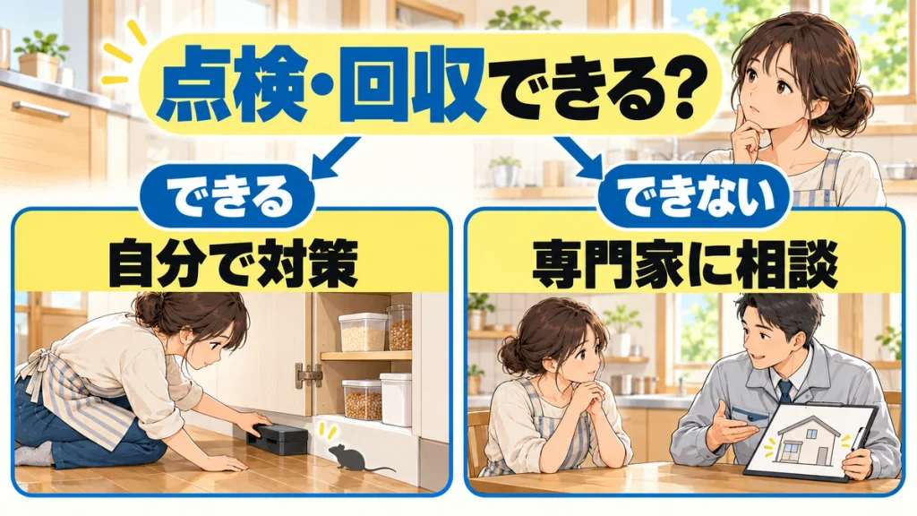 点検と回収ができる場合は自分で対策し、できない場合は専門家に相談する分岐図