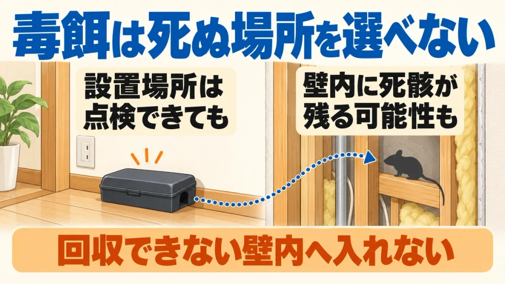 毒餌の設置場所を点検できても、手の届かない壁内に死骸が残る可能性があることを示す図
