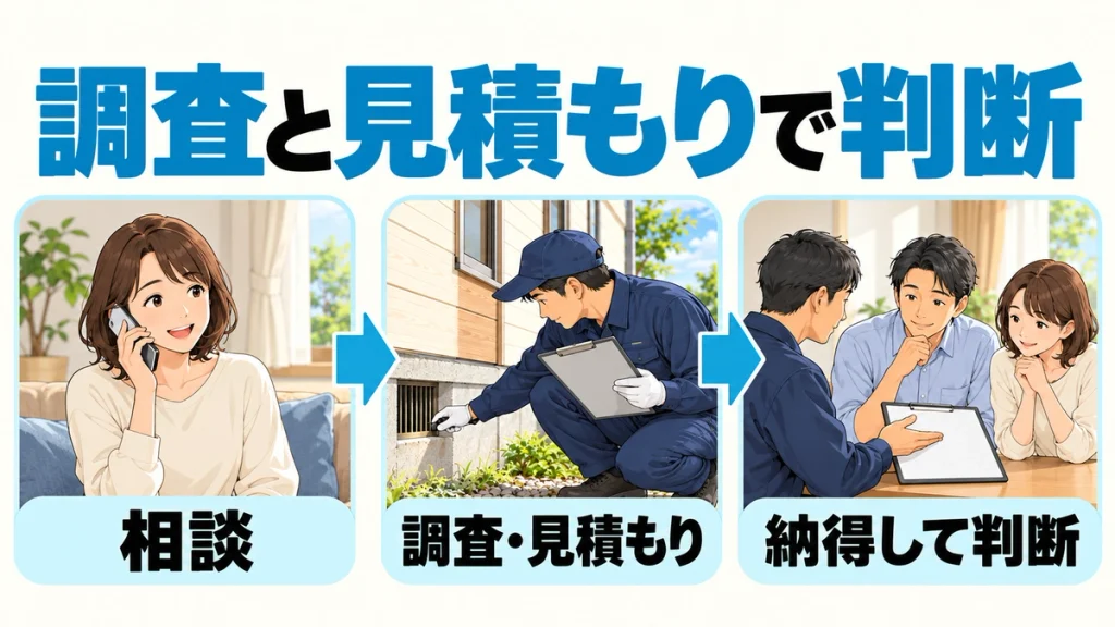 「調査と見積もりで判断」の見出しと、相談、調査・見積もり、納得して判断の3段階を、電話や住宅調査、説明を聞く相談者のイラストで示した図解