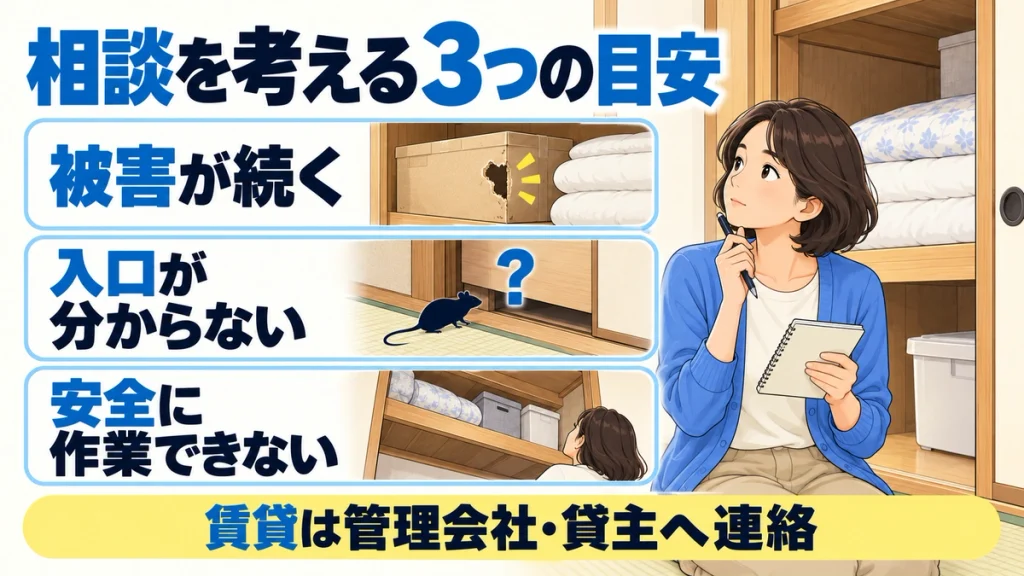 被害が続く、入口が分からない、安全に作業できないという相談の目安と、賃貸では管理会社・貸主に連絡することを示した図。