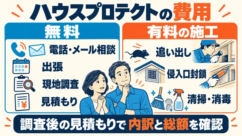 ハウスプロテクトでは電話・メール相談、出張、現地調査、見積もりが無料。追い出し、侵入口封鎖、清掃消毒などの施工は有料で、調査後の見積もりで内訳と総額を確認する。