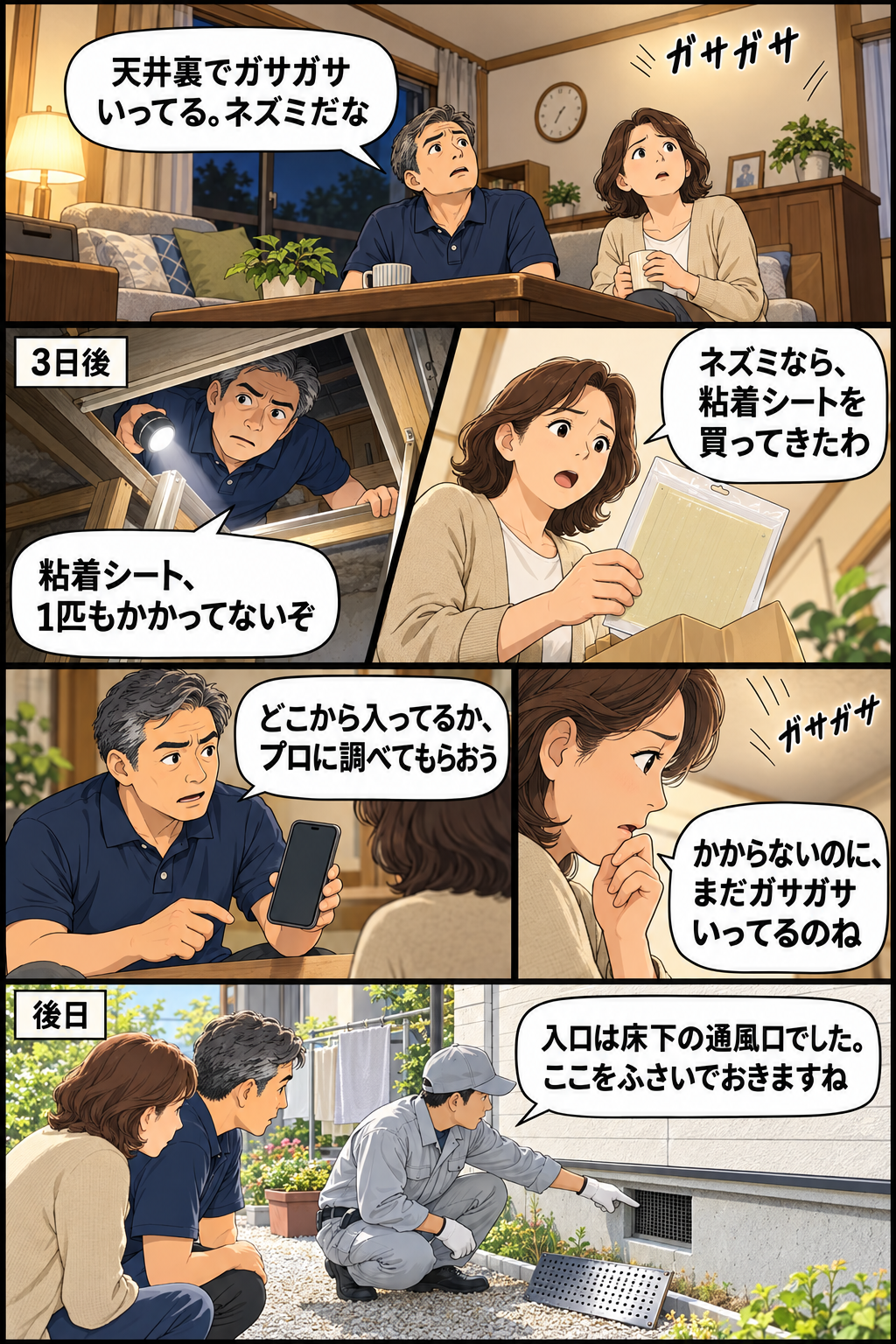 甲賀市の家で天井裏の音に気づいた50代夫婦が粘着シートで粘ったあと業者に調べてもらい床下の通風口が入口だと分かるまでの4コマ漫画