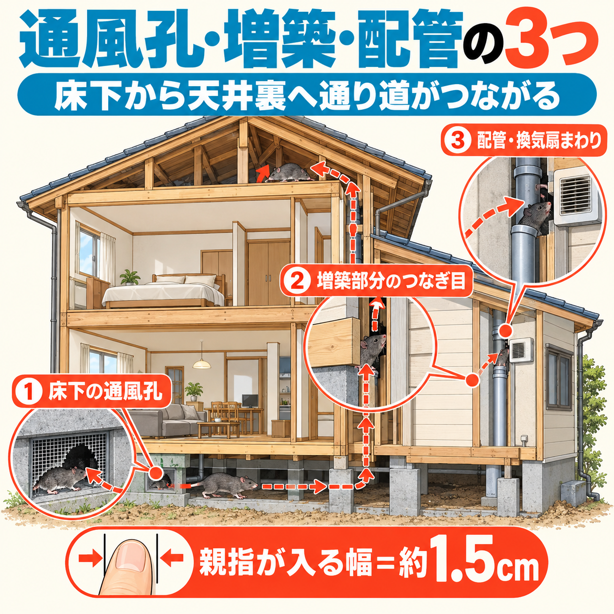 甲賀市の戸建ての断面図で床下の通風孔・増築部分のつなぎ目・配管まわりの3か所の入口と床下から天井裏への通り道を示した図解