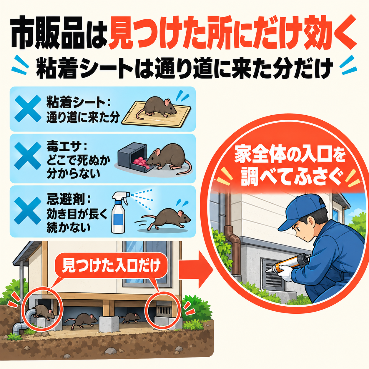 甲賀市の家でネズミの自力対策が見つけた入口にしか効かず、家全体の入口を調べてふさぐ必要があることを示した比較図