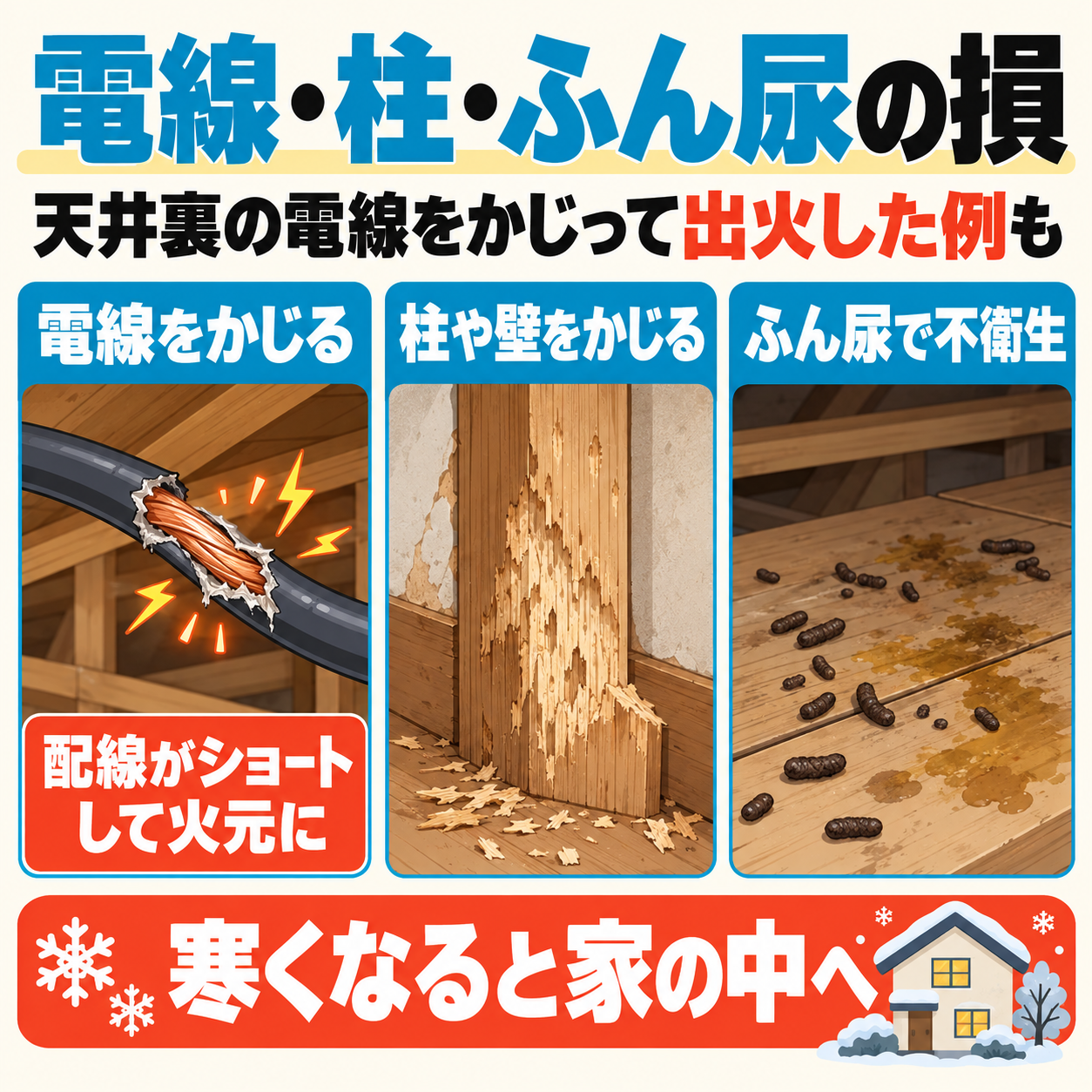 甲賀市の天井裏でネズミを放置すると電線のかじり跡から短絡、柱のかじり跡、ふん尿の汚れへと損が広がる流れの図解