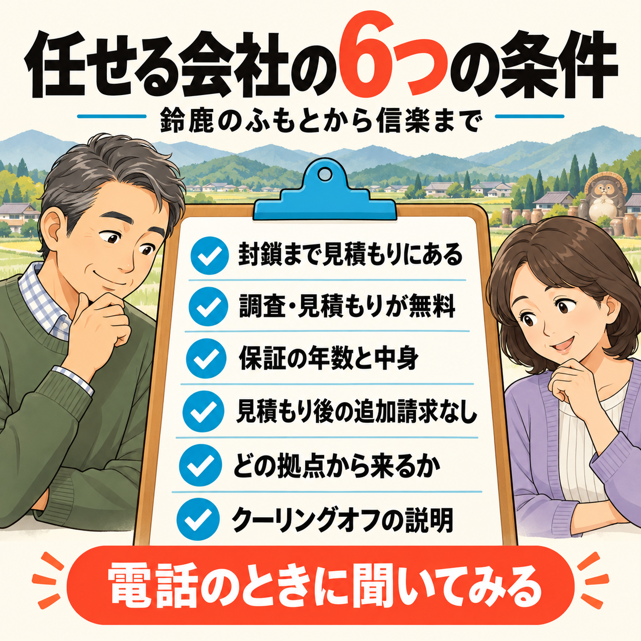 甲賀市でネズミ駆除を任せる会社を選ぶ6つの条件を、封鎖・無料調査・保証・追加請求・拠点・クーリングオフのチェック項目で並べた図解