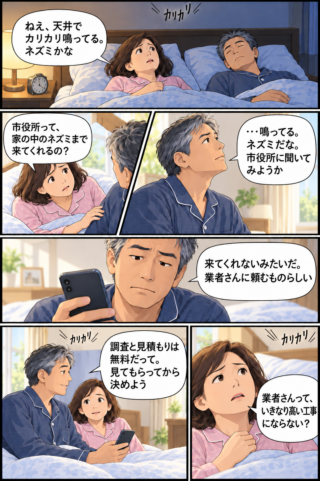 ネズミ駆除 守山市｜天井の足音に気づいた夫婦が市役所か業者かで迷い、無料調査を頼むと決める4コマ漫画