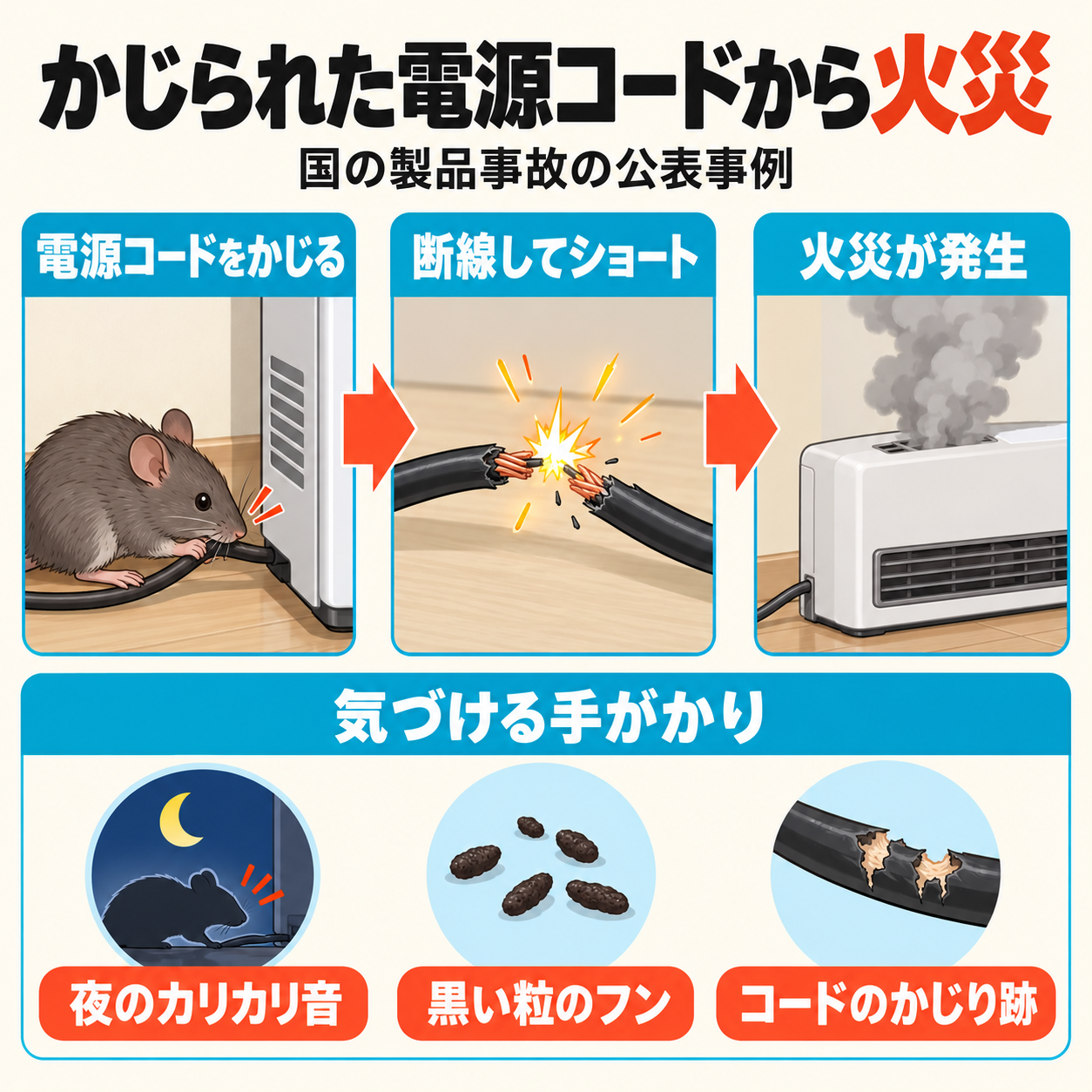 ネズミ駆除 守山市｜ネズミが家電の電源コードをかじってからショートし火災につながる流れの図解