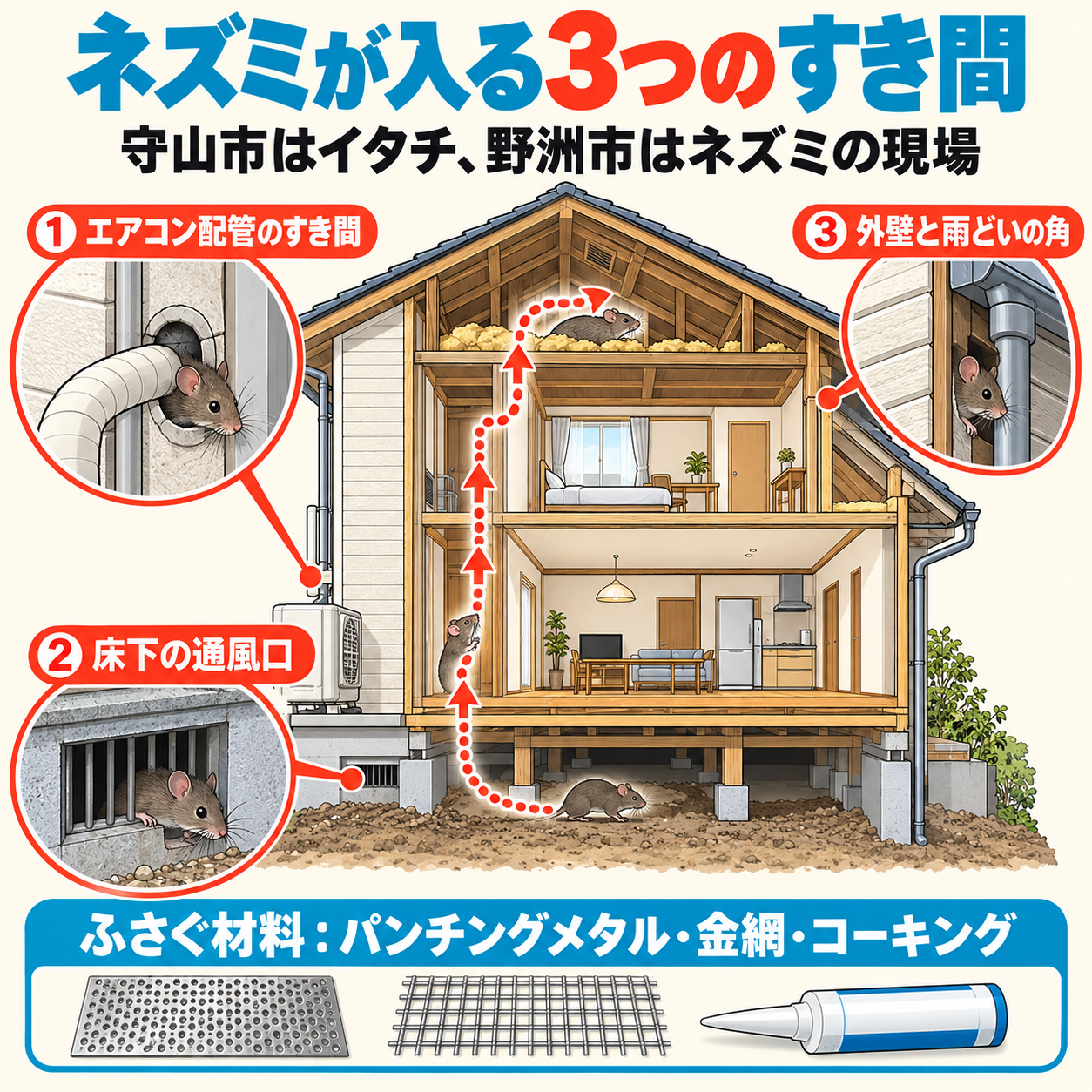 ネズミ駆除 守山市｜エアコン配管のすき間・床下の通風口・外壁と雨どいの角の3か所を示した住宅の断面図とふさぐ材料