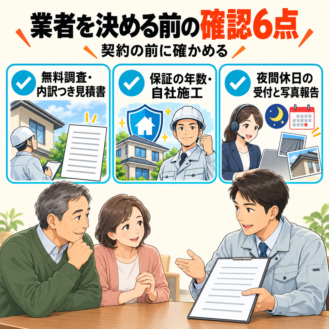 ネズミ駆除 守山市｜業者を決める前に確かめる6点（無料調査・見積書の内訳・保証・自社施工・夜間休日・写真報告）のチェック図