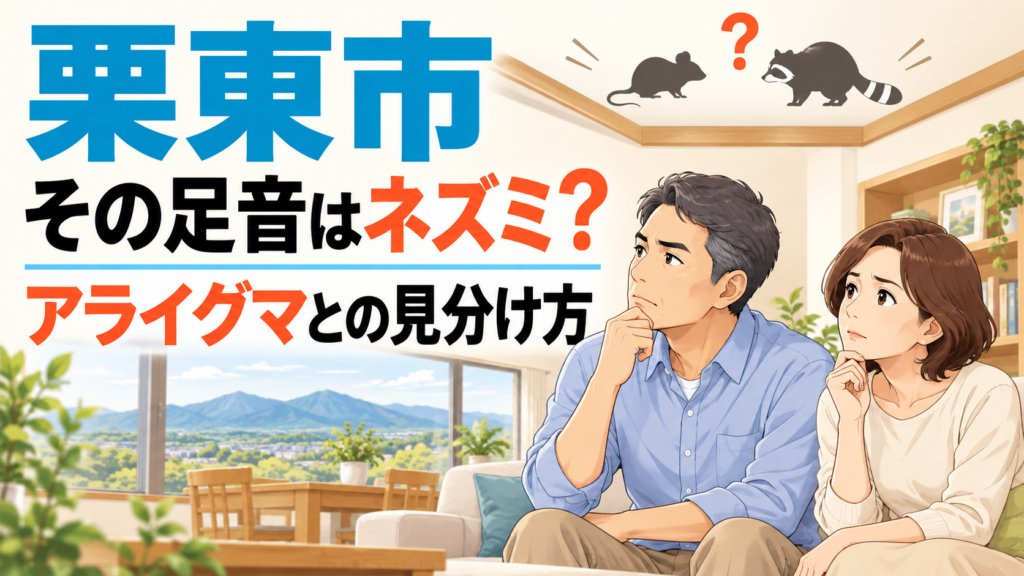 「栗東市 その足音はネズミ？」と大きく書き、ソファで天井の音に耳をすませる50代の夫婦と、天井のネズミとアライグマのシルエット、窓の外に金勝の山並みを描いたアイキャッチ