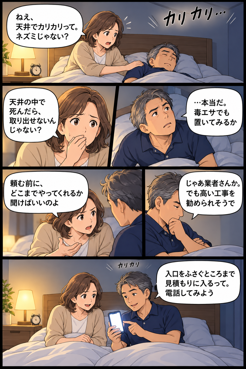 野洲市の家で天井のカリカリ音に気づいた50代夫婦が、毒エサをためらい、入口をふさぐところまで見積もりに入る業者に電話すると決めるまでの4コマ漫画