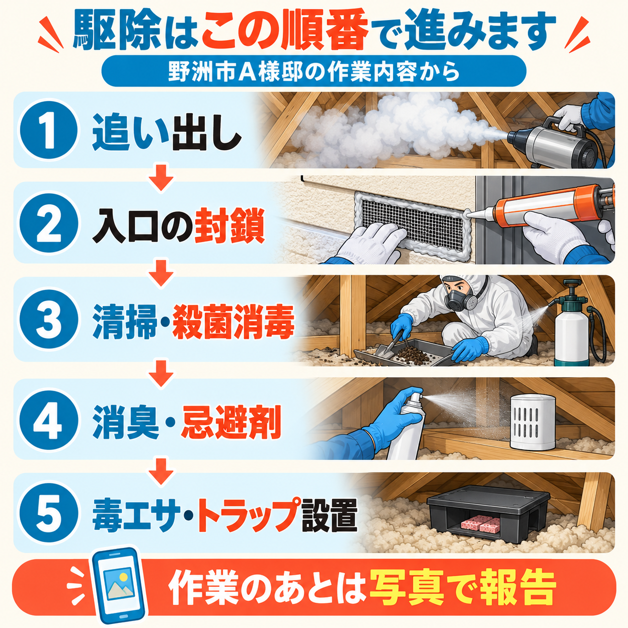 ネズミ駆除の作業を追い出し・入口の封鎖・清掃・殺菌消毒・消臭・忌避剤と予防の順に並べたステップ図解